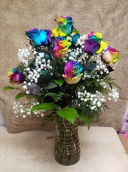 Vased Rainbow Roses from Beck's Flower Shop & Gardens, in Jackson, Michigan