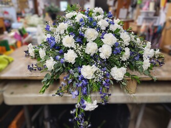 Blue and White Casket Spray from Beck's Flower Shop & Gardens, in Jackson, Michigan